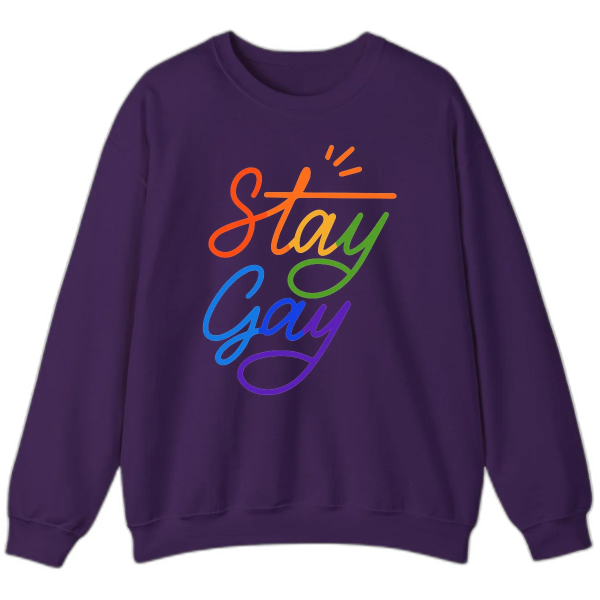 Colorful rainbow text reading 'Stay Gay' with green checkmark and orange exclamation marks, celebrating LGBTQ+ pride in Purple