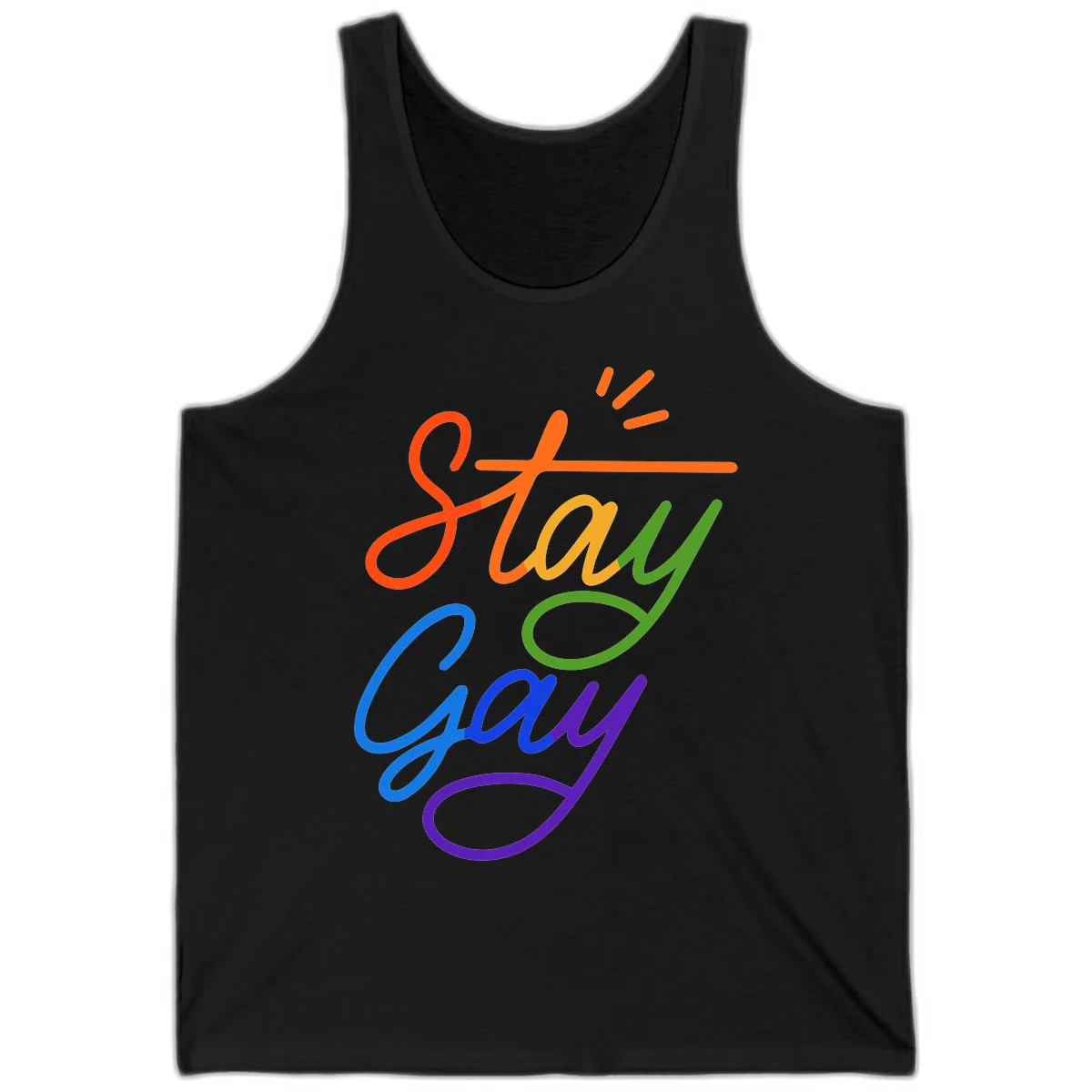Colorful rainbow text reading 'Stay Gay' with green checkmark and orange exclamation marks, celebrating LGBTQ+ pride in Black