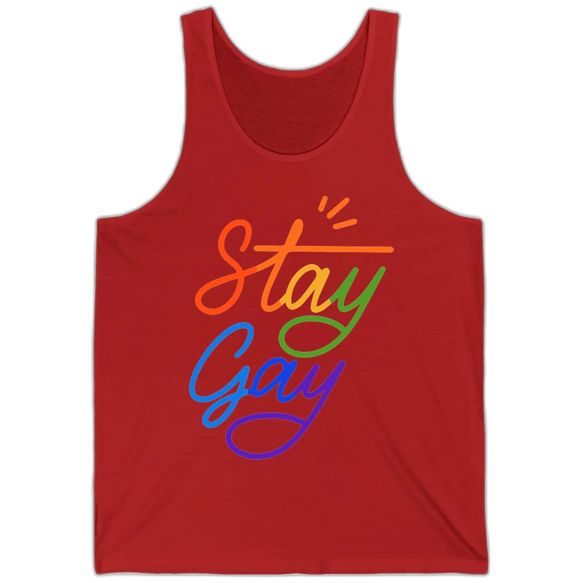 Colorful rainbow text reading 'Stay Gay' with green checkmark and orange exclamation marks, celebrating LGBTQ+ pride in Red