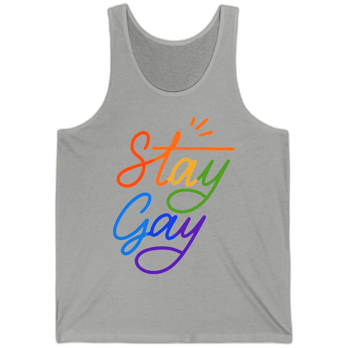 Colorful rainbow text reading 'Stay Gay' with green checkmark and orange exclamation marks, celebrating LGBTQ+ pride in Athletic Heather