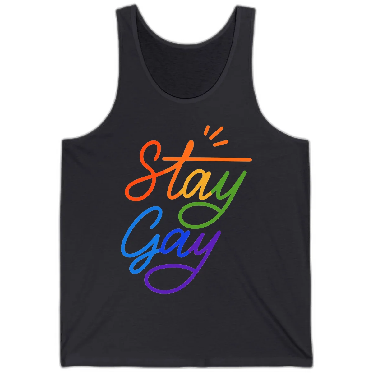 Colorful rainbow text reading 'Stay Gay' with green checkmark and orange exclamation marks, celebrating LGBTQ+ pride in Dark Grey