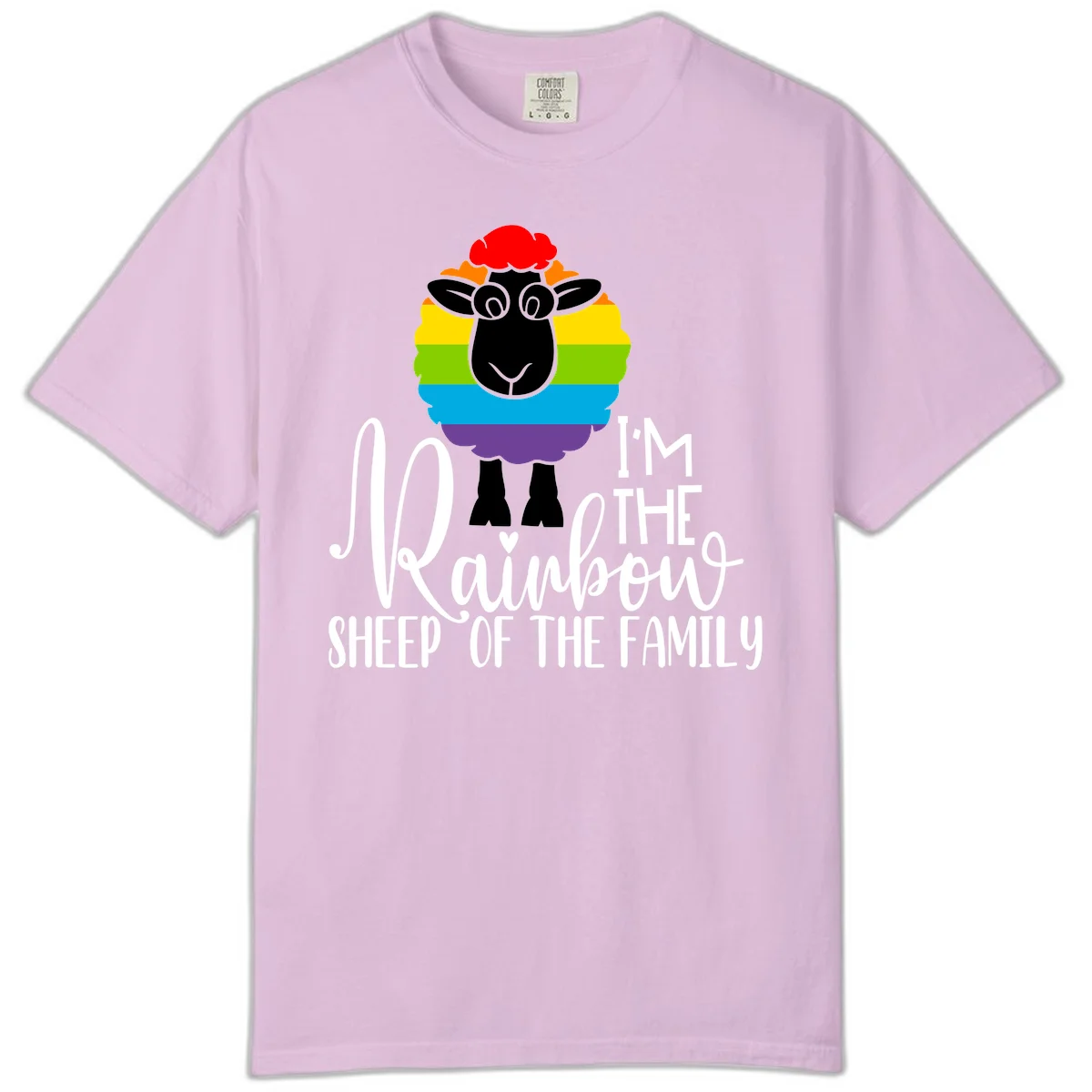 Colorful illustration of a smiling black sheep with rainbow-striped wool and red curly hair, with text reading 'I'm The Rainbow Sheep Of The Family' in Orchid