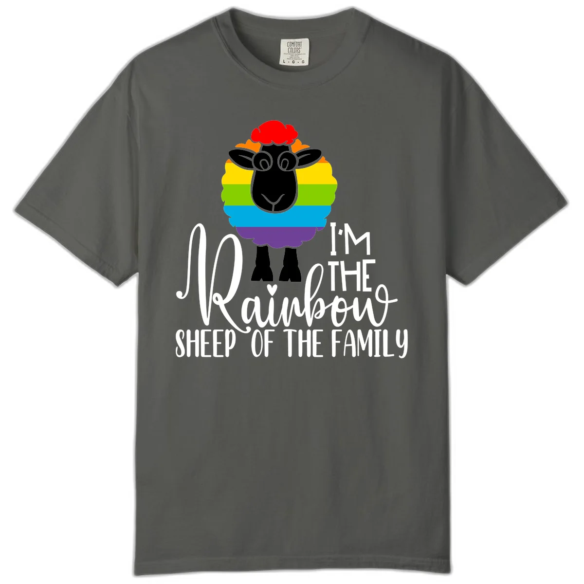 Colorful illustration of a smiling black sheep with rainbow-striped wool and red curly hair, with text reading 'I'm The Rainbow Sheep Of The Family' in Pepper