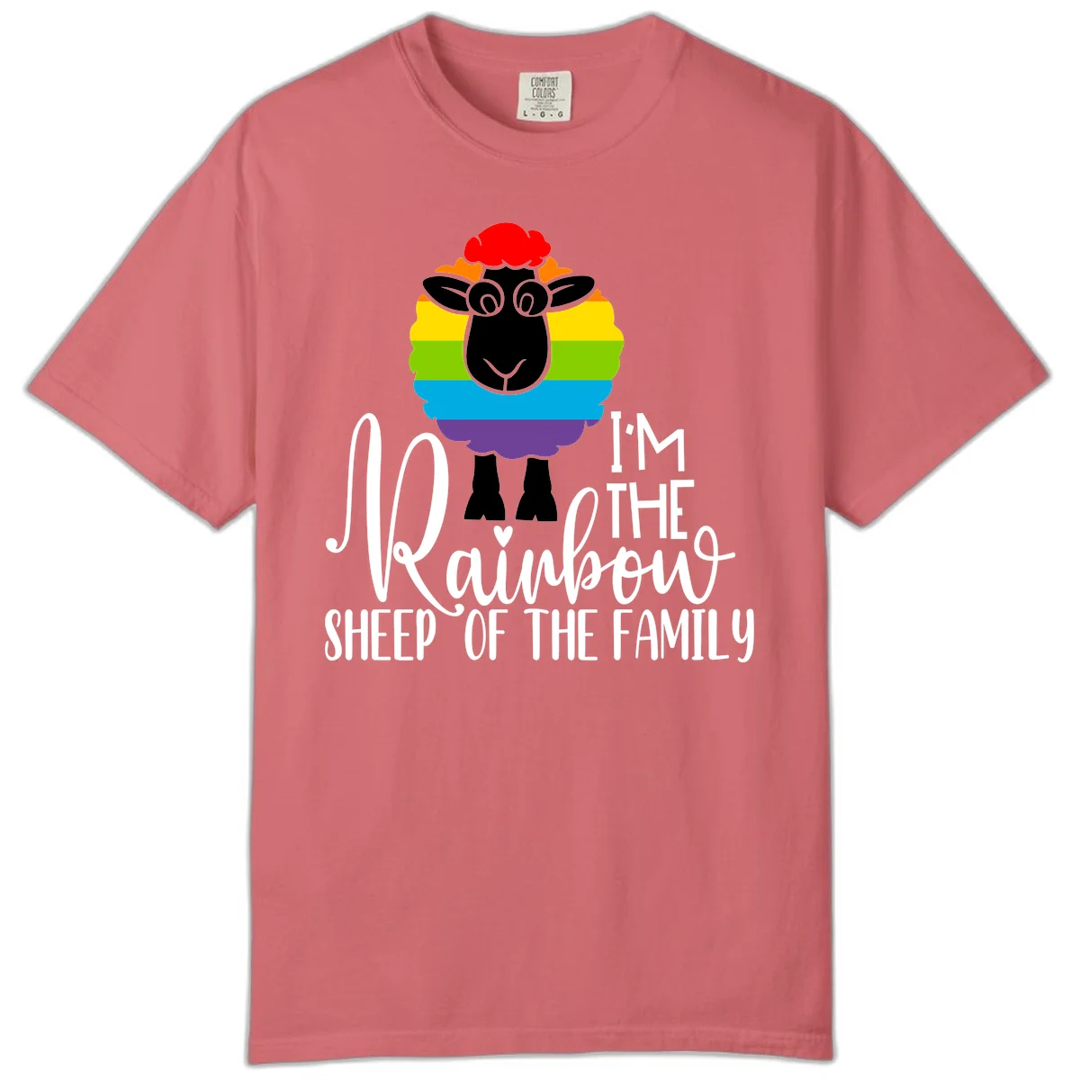 Colorful illustration of a smiling black sheep with rainbow-striped wool and red curly hair, with text reading 'I'm The Rainbow Sheep Of The Family' in Watermelon