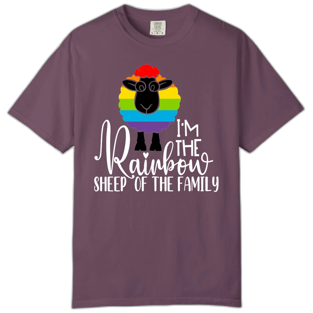 Colorful illustration of a smiling black sheep with rainbow-striped wool and red curly hair, with text reading 'I'm The Rainbow Sheep Of The Family' in Berry