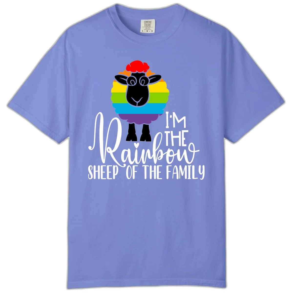 Colorful illustration of a smiling black sheep with rainbow-striped wool and red curly hair, with text reading 'I'm The Rainbow Sheep Of The Family' in Flo Blue