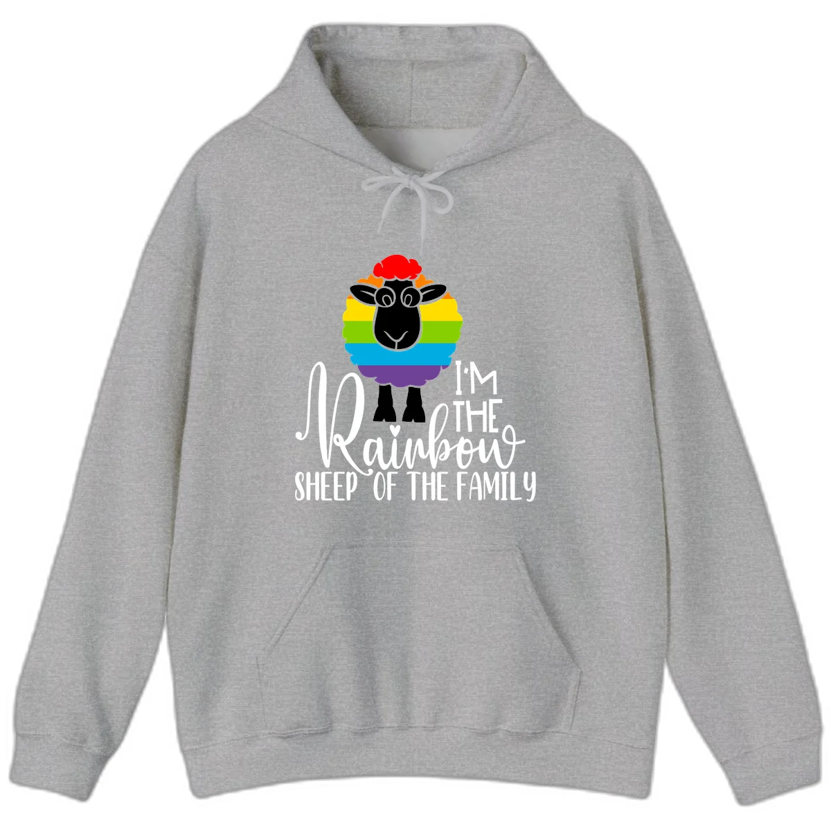 Colorful illustration of a smiling black sheep with rainbow-striped wool and red curly hair, with text reading 'I'm The Rainbow Sheep Of The Family' in Sport Grey