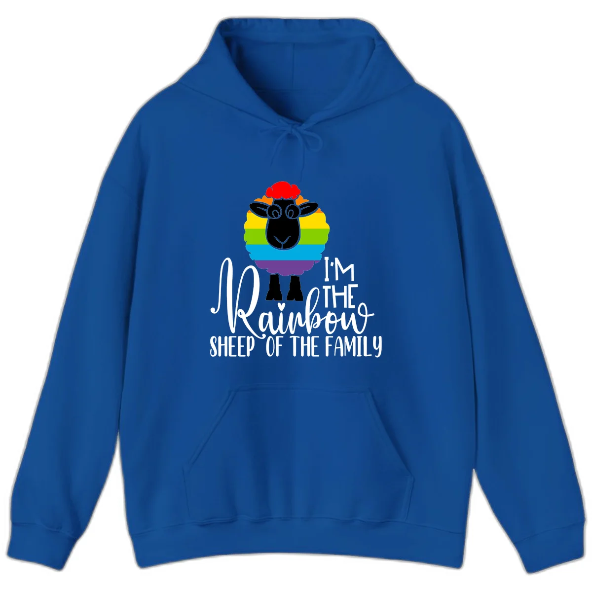 Colorful illustration of a smiling black sheep with rainbow-striped wool and red curly hair, with text reading 'I'm The Rainbow Sheep Of The Family' in Royal