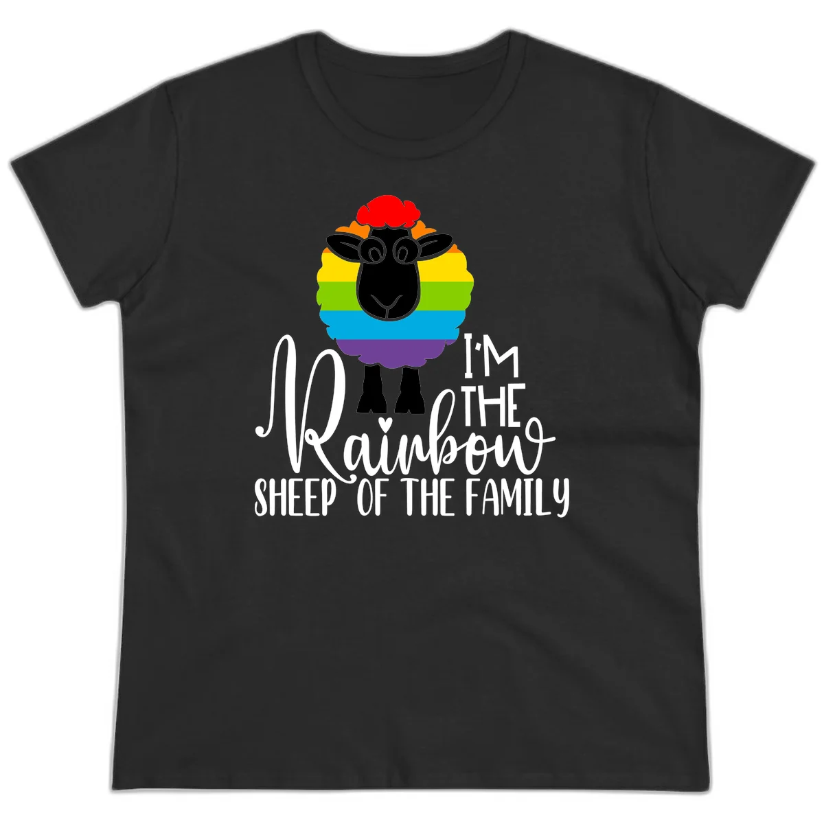 Colorful illustration of a smiling black sheep with rainbow-striped wool and red curly hair, with text reading 'I'm The Rainbow Sheep Of The Family' in Black