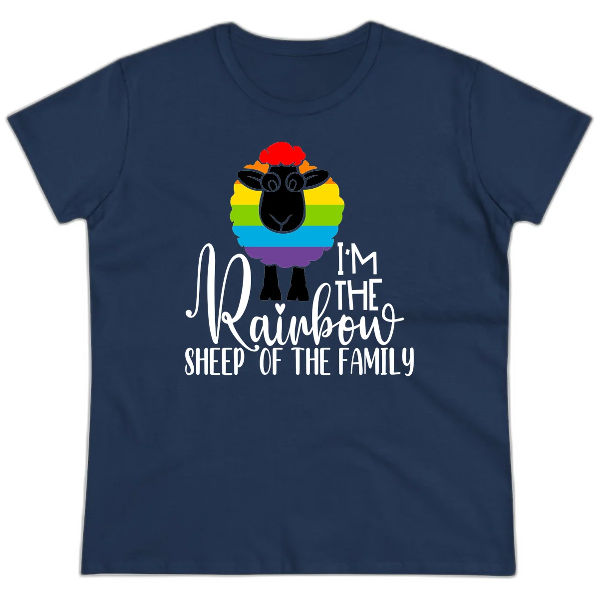 Colorful illustration of a smiling black sheep with rainbow-striped wool and red curly hair, with text reading 'I'm The Rainbow Sheep Of The Family' in Navy