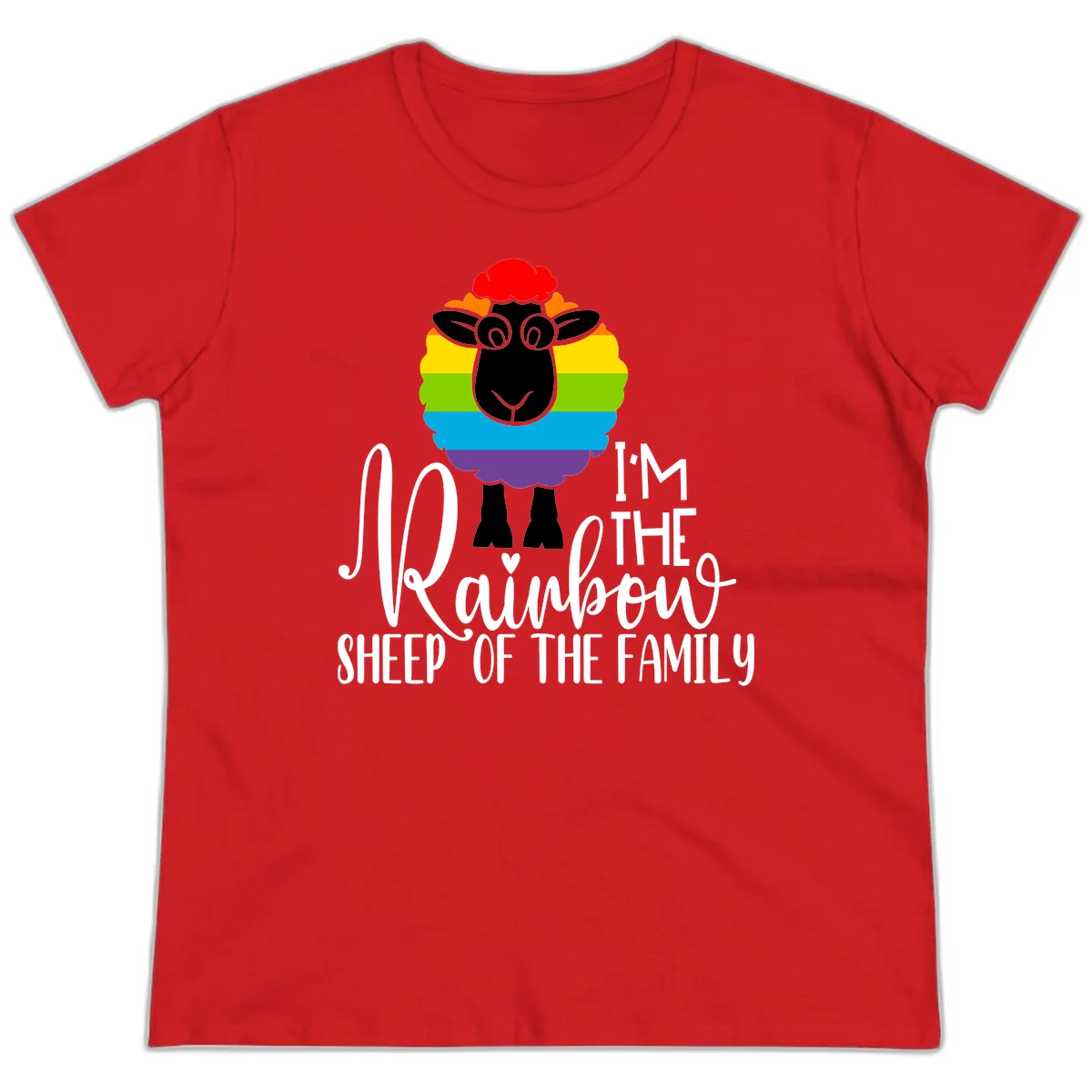 Colorful illustration of a smiling black sheep with rainbow-striped wool and red curly hair, with text reading 'I'm The Rainbow Sheep Of The Family' in Red