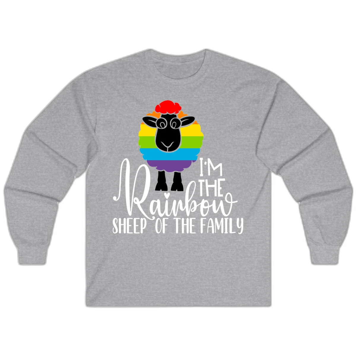 Colorful illustration of a smiling black sheep with rainbow-striped wool and red curly hair, with text reading 'I'm The Rainbow Sheep Of The Family' in Sport Grey