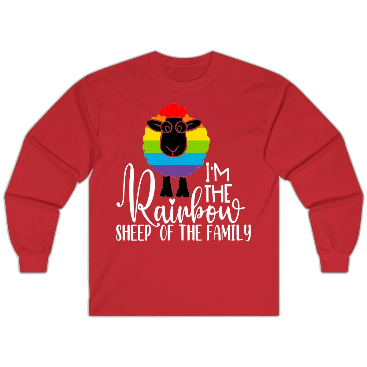 Colorful illustration of a smiling black sheep with rainbow-striped wool and red curly hair, with text reading 'I'm The Rainbow Sheep Of The Family' in Red