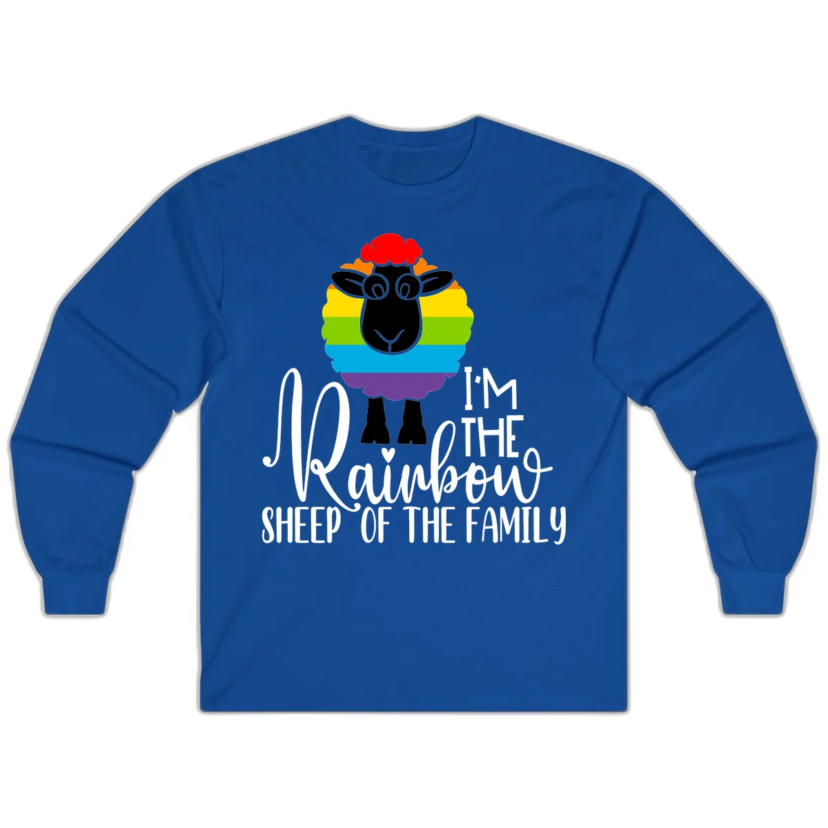 Colorful illustration of a smiling black sheep with rainbow-striped wool and red curly hair, with text reading 'I'm The Rainbow Sheep Of The Family' in Royal