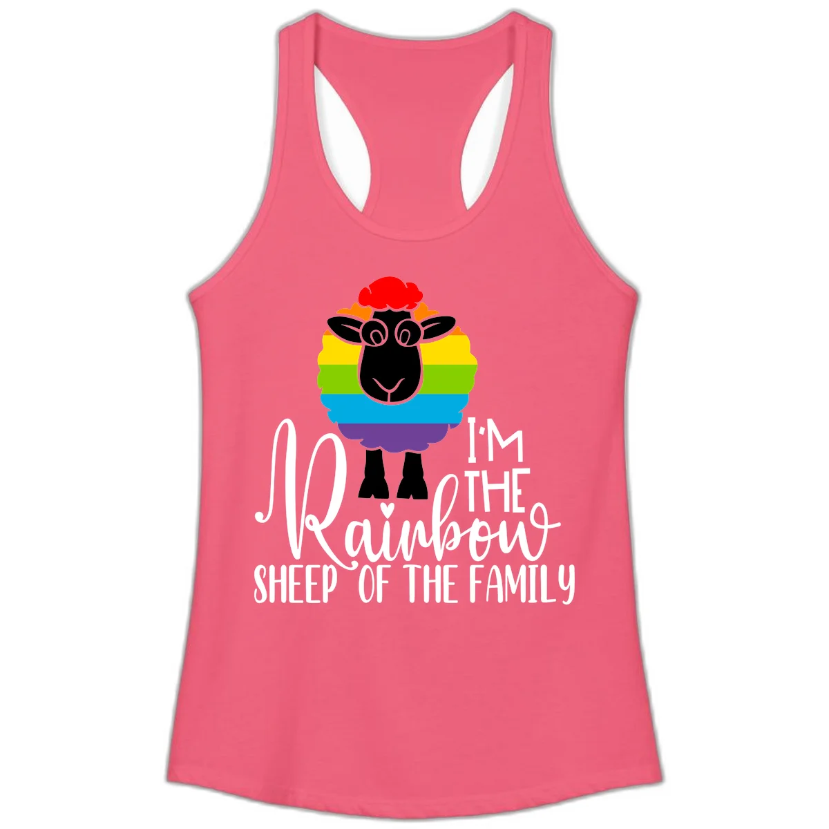 Colorful illustration of a smiling black sheep with rainbow-striped wool and red curly hair, with text reading 'I'm The Rainbow Sheep Of The Family' in Hot Pink