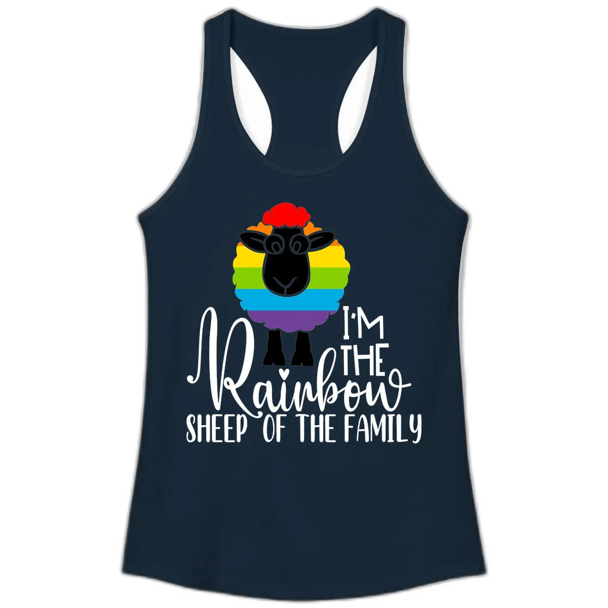 Colorful illustration of a smiling black sheep with rainbow-striped wool and red curly hair, with text reading 'I'm The Rainbow Sheep Of The Family' in Solid Midnight Navy