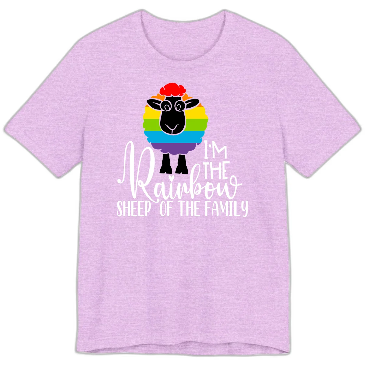 Colorful illustration of a smiling black sheep with rainbow-striped wool and red curly hair, with text reading 'I'm The Rainbow Sheep Of The Family' in Heather Prism Lilac