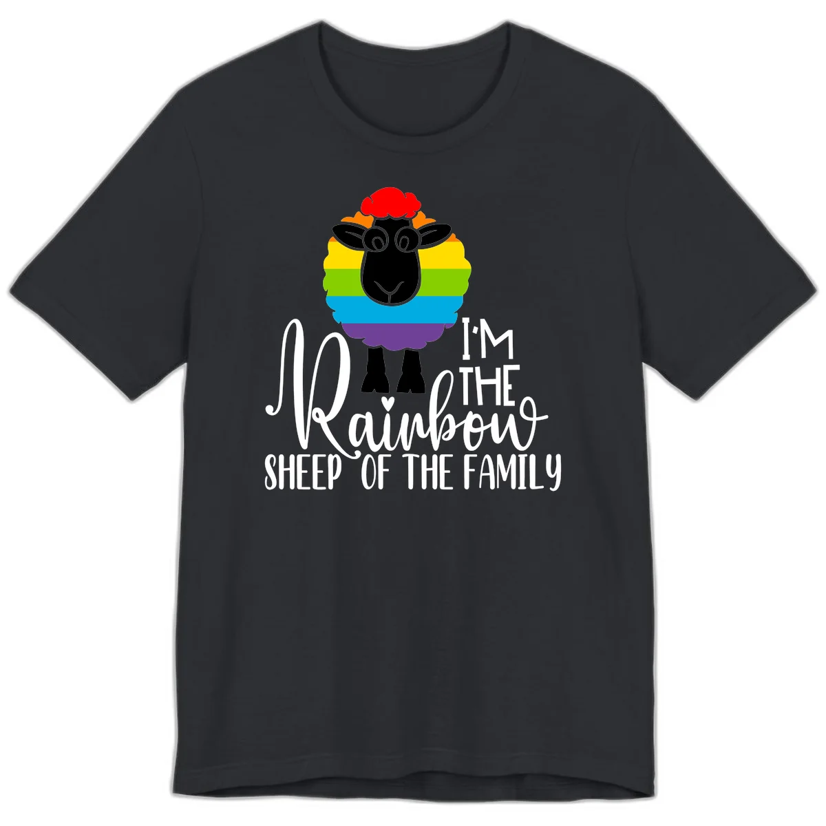 Colorful illustration of a smiling black sheep with rainbow-striped wool and red curly hair, with text reading 'I'm The Rainbow Sheep Of The Family' in Vintage Black