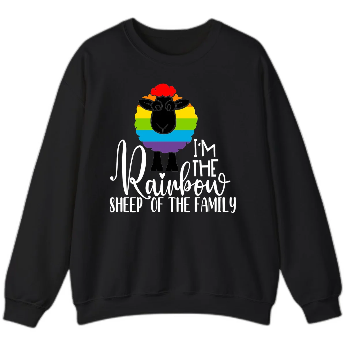 Colorful illustration of a smiling black sheep with rainbow-striped wool and red curly hair, with text reading 'I'm The Rainbow Sheep Of The Family' in Black