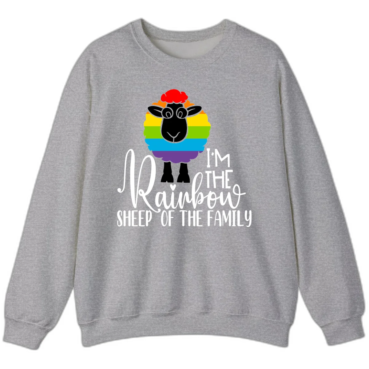 Colorful illustration of a smiling black sheep with rainbow-striped wool and red curly hair, with text reading 'I'm The Rainbow Sheep Of The Family' in Sport Grey
