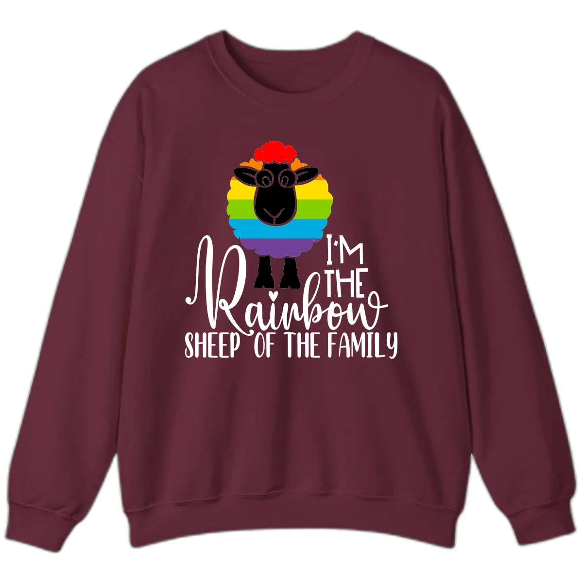 Colorful illustration of a smiling black sheep with rainbow-striped wool and red curly hair, with text reading 'I'm The Rainbow Sheep Of The Family' in Maroon