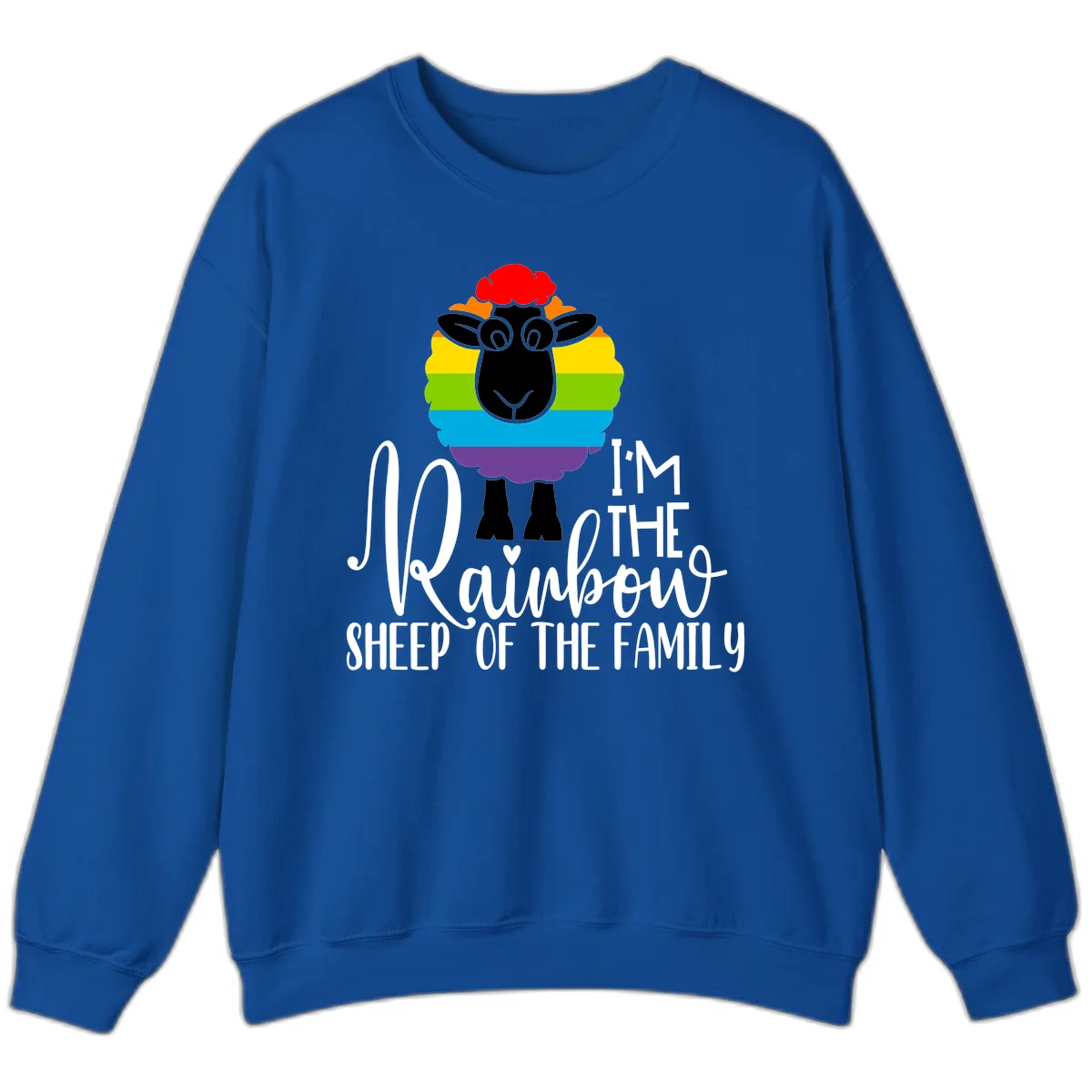 Colorful illustration of a smiling black sheep with rainbow-striped wool and red curly hair, with text reading 'I'm The Rainbow Sheep Of The Family' in Royal
