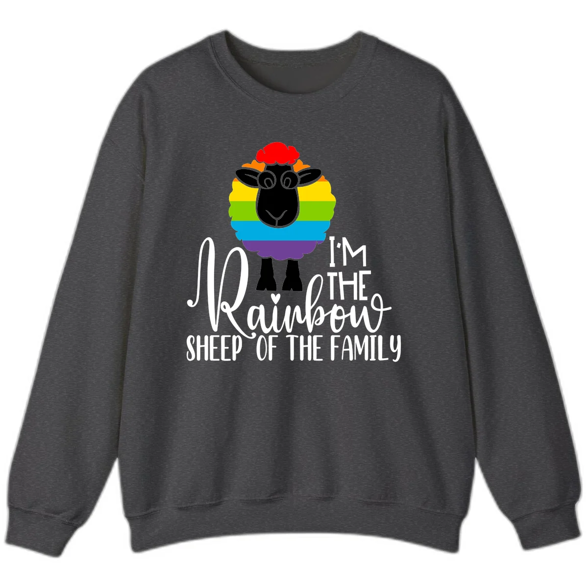 Colorful illustration of a smiling black sheep with rainbow-striped wool and red curly hair, with text reading 'I'm The Rainbow Sheep Of The Family' in Dark Heather
