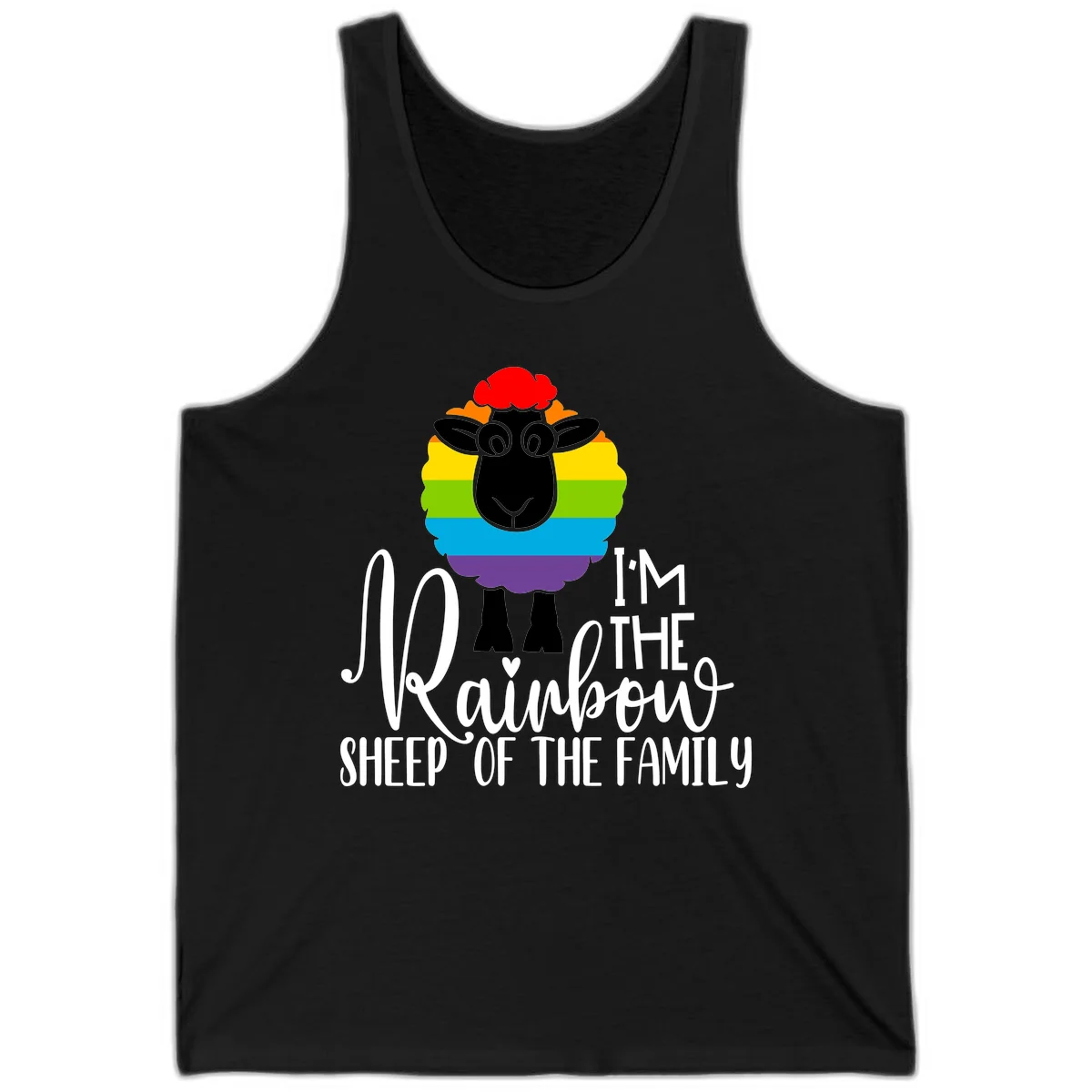Colorful illustration of a smiling black sheep with rainbow-striped wool and red curly hair, with text reading 'I'm The Rainbow Sheep Of The Family' in Black