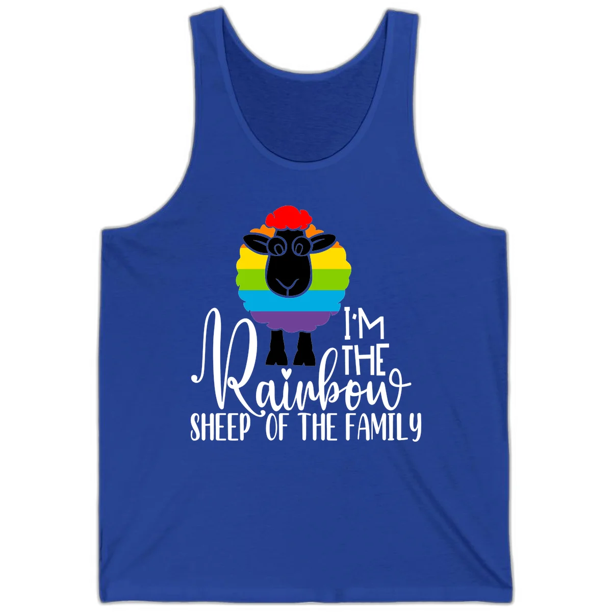 Colorful illustration of a smiling black sheep with rainbow-striped wool and red curly hair, with text reading 'I'm The Rainbow Sheep Of The Family' in True Royal