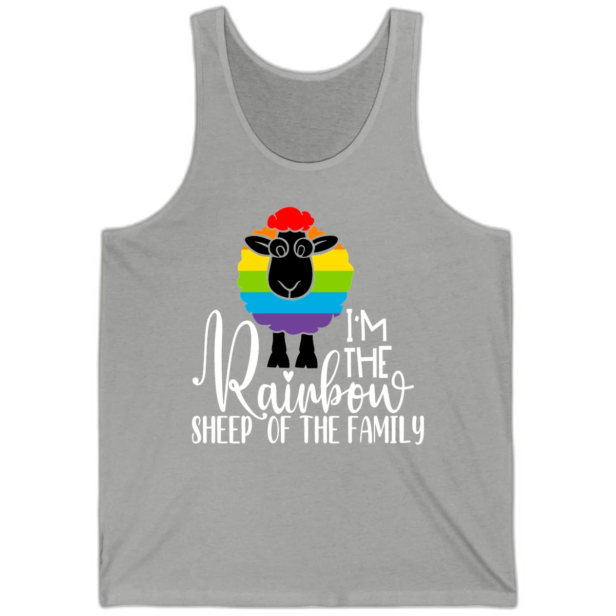 Colorful illustration of a smiling black sheep with rainbow-striped wool and red curly hair, with text reading 'I'm The Rainbow Sheep Of The Family' in Athletic Heather