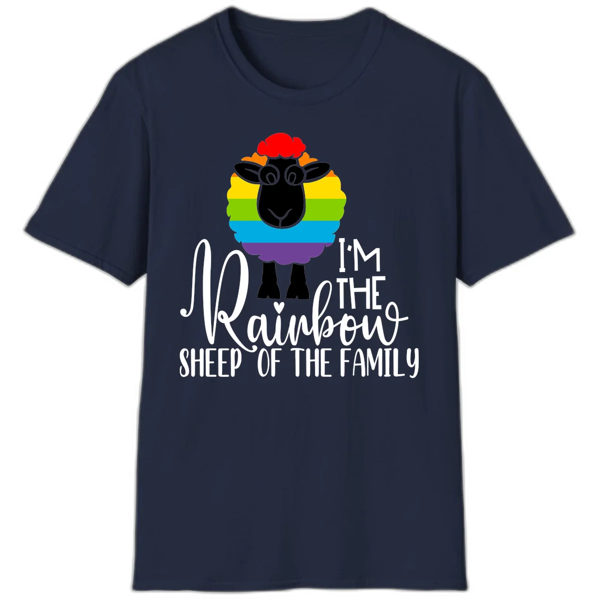 Colorful illustration of a smiling black sheep with rainbow-striped wool and red curly hair, with text reading 'I'm The Rainbow Sheep Of The Family' in Navy