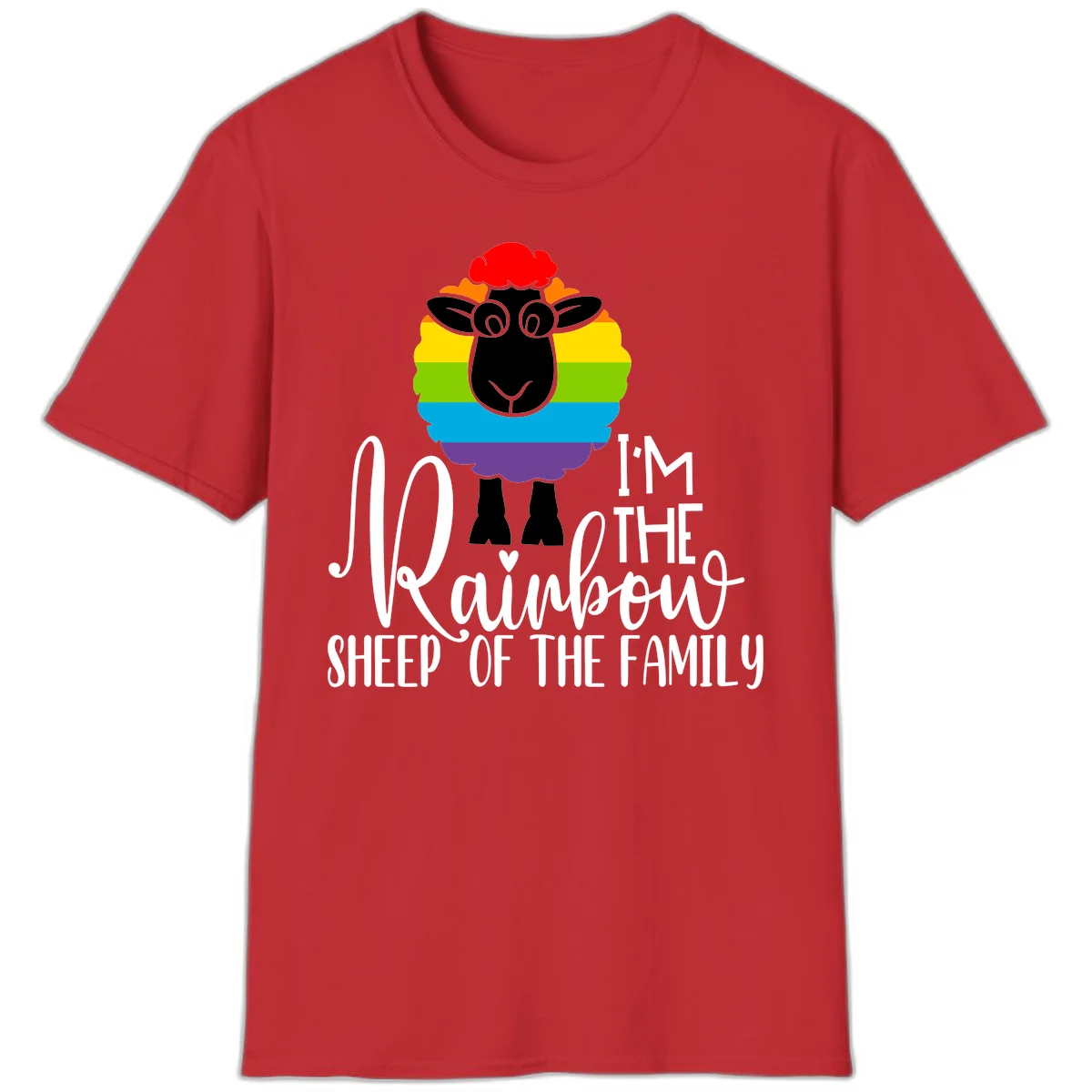 Colorful illustration of a smiling black sheep with rainbow-striped wool and red curly hair, with text reading 'I'm The Rainbow Sheep Of The Family' in Red