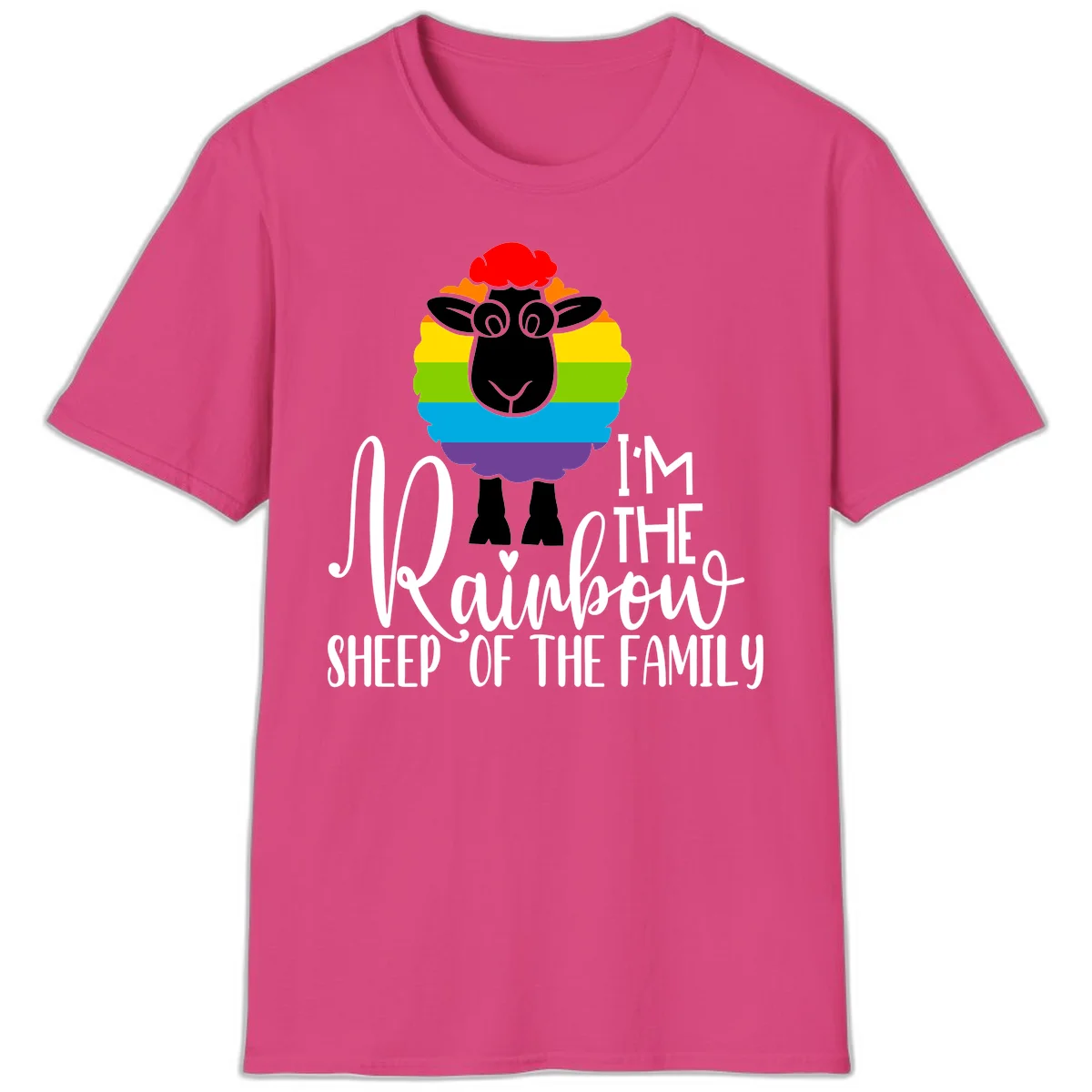 Colorful illustration of a smiling black sheep with rainbow-striped wool and red curly hair, with text reading 'I'm The Rainbow Sheep Of The Family' in Heliconia