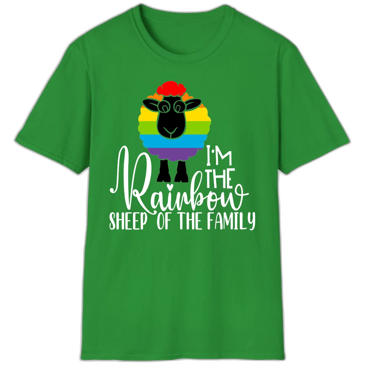 Colorful illustration of a smiling black sheep with rainbow-striped wool and red curly hair, with text reading 'I'm The Rainbow Sheep Of The Family' in Irish Green