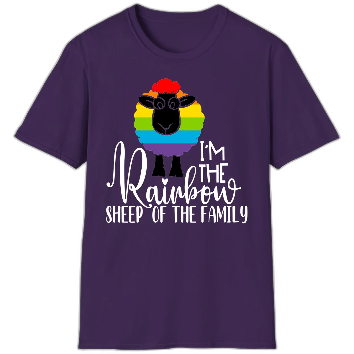 Colorful illustration of a smiling black sheep with rainbow-striped wool and red curly hair, with text reading 'I'm The Rainbow Sheep Of The Family' in Purple