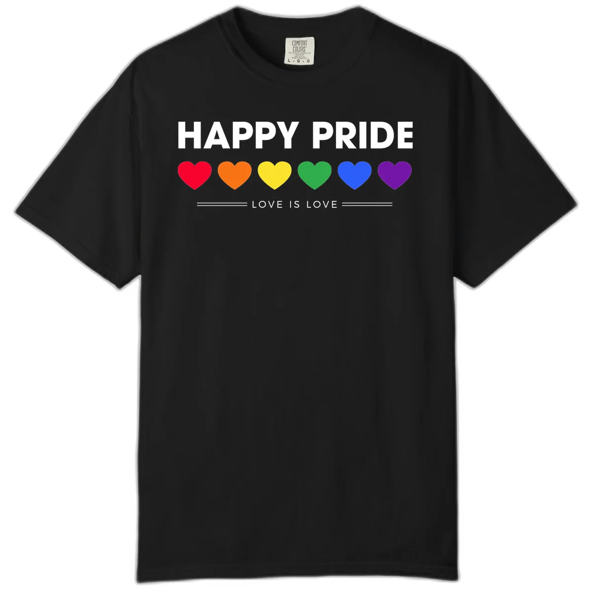 Love is love pride design with six colorful rainbow hearts and celebratory text on gray background in Black