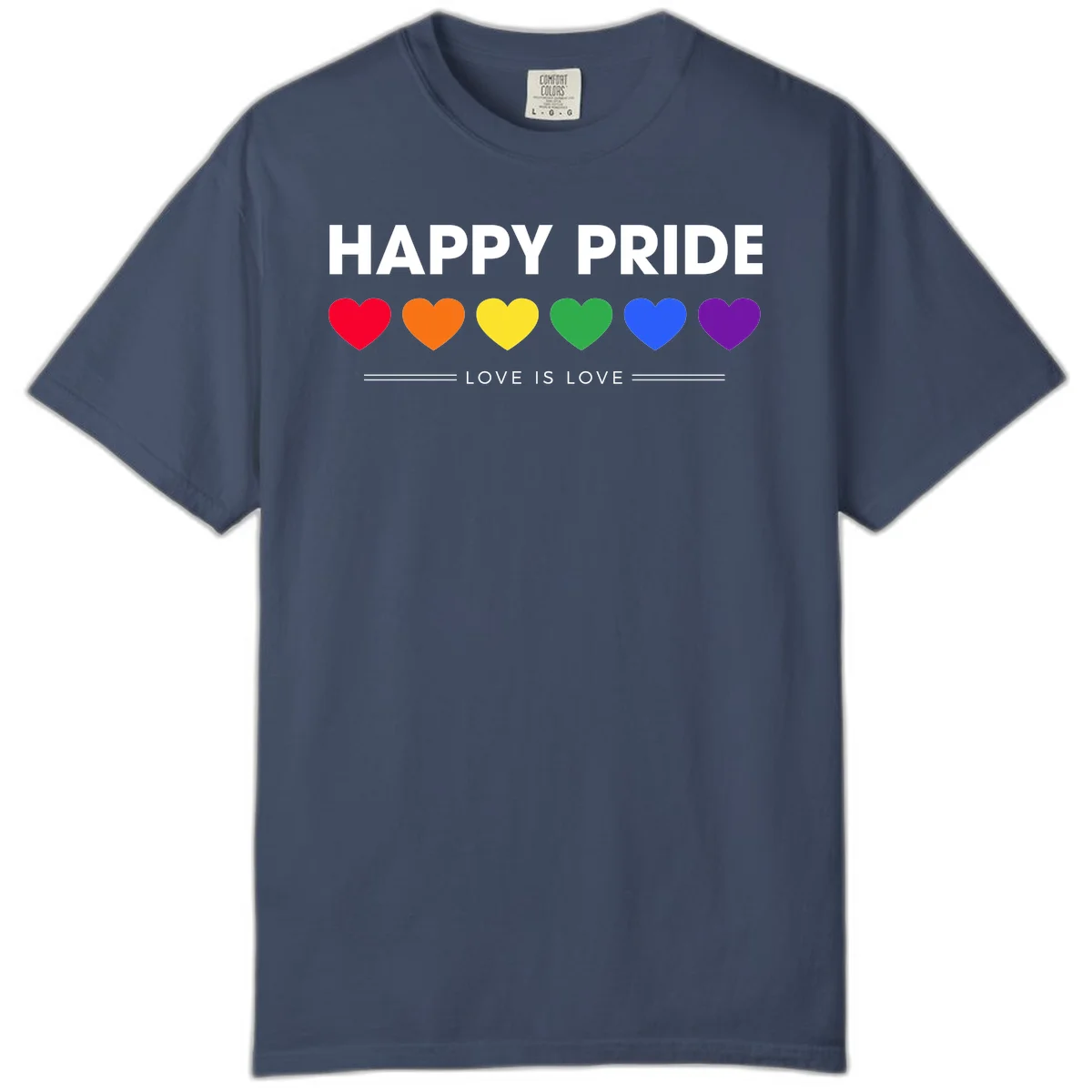 Love is love pride design with six colorful rainbow hearts and celebratory text on gray background in Midnight