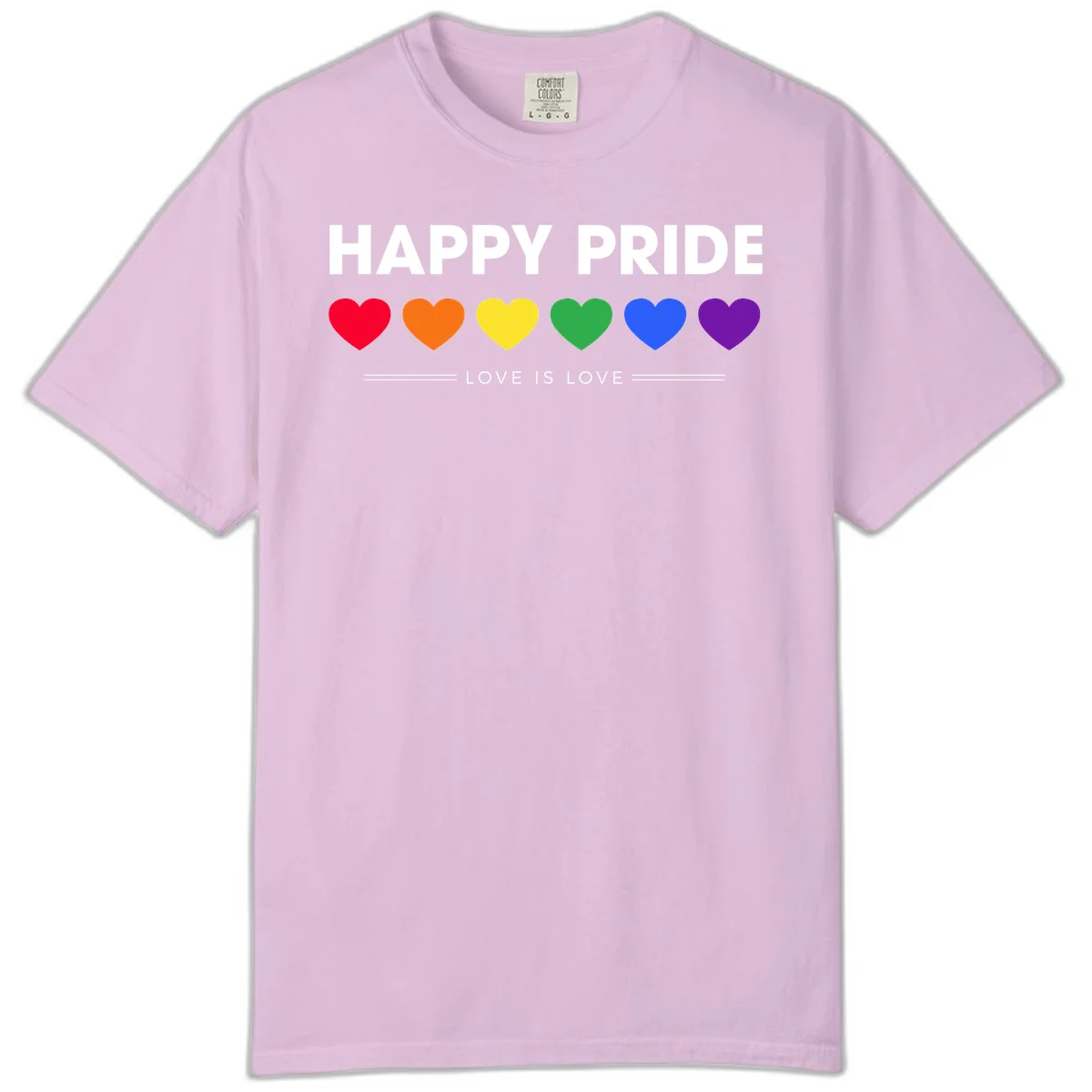 Love is love pride design with six colorful rainbow hearts and celebratory text on gray background in Orchid