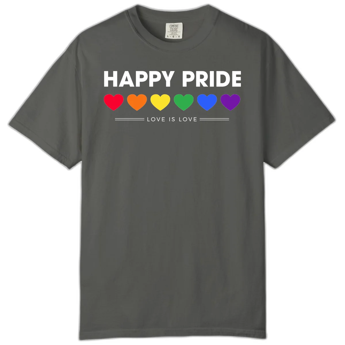 Love is love pride design with six colorful rainbow hearts and celebratory text on gray background in Pepper