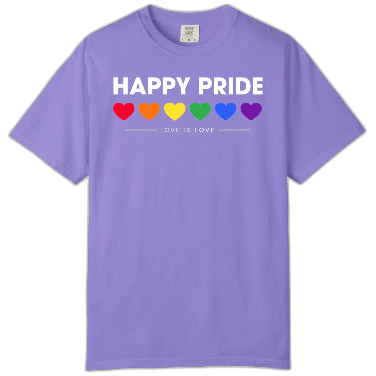 Love is love pride design with six colorful rainbow hearts and celebratory text on gray background in Violet