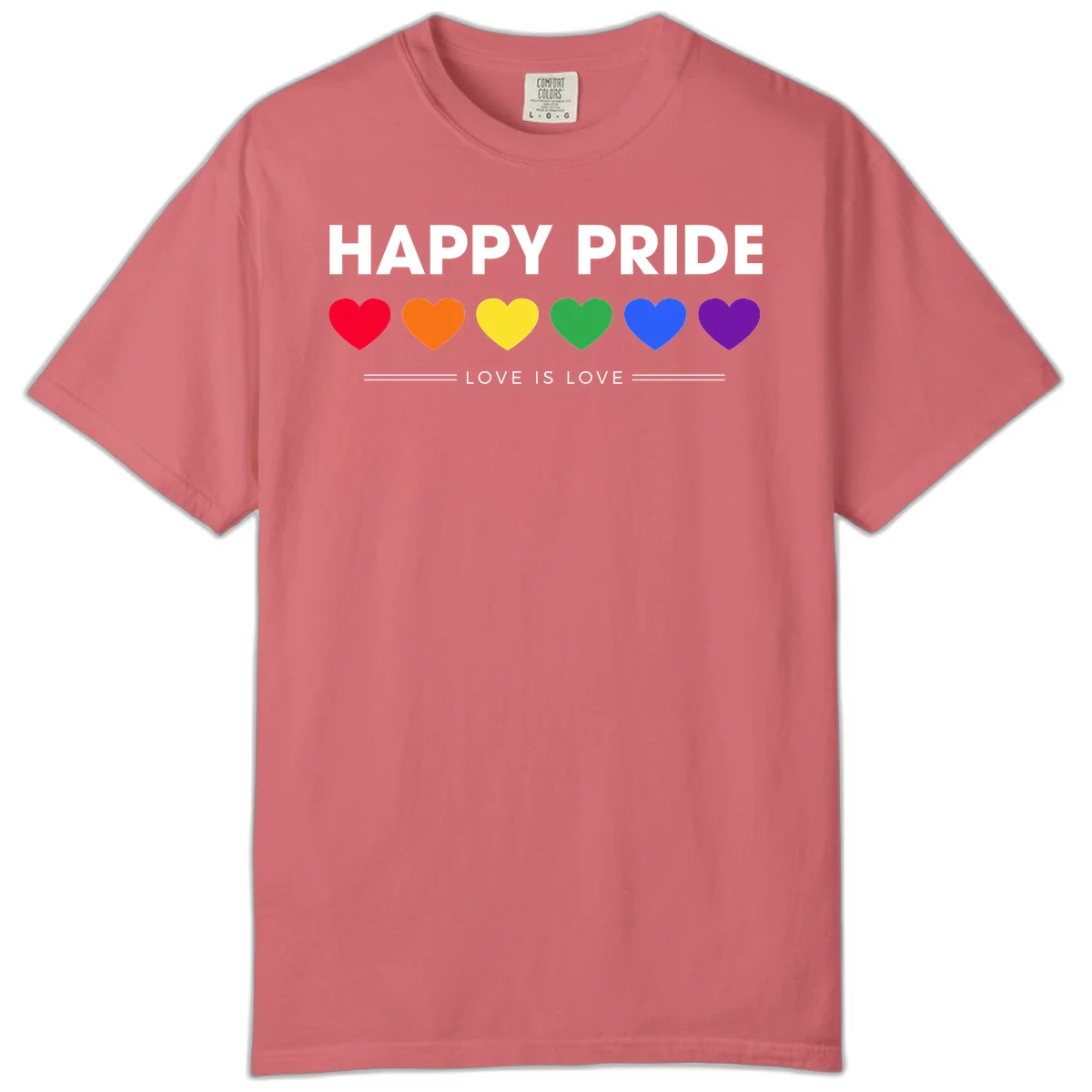 Love is love pride design with six colorful rainbow hearts and celebratory text on gray background in Watermelon