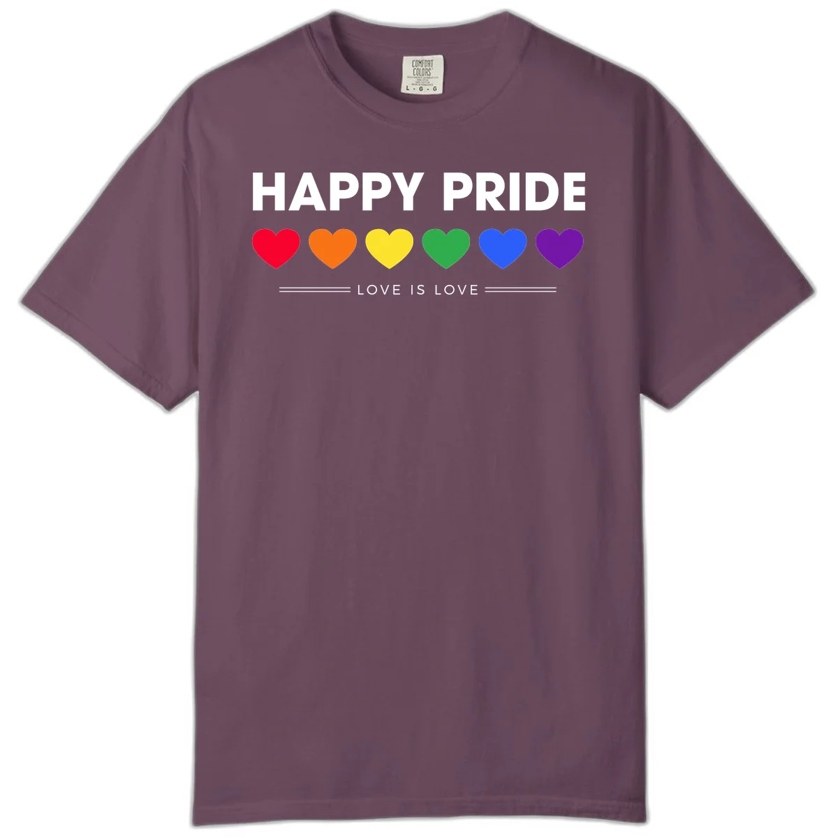 Love is love pride design with six colorful rainbow hearts and celebratory text on gray background in Berry
