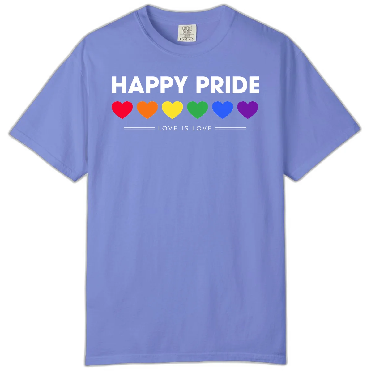Love is love pride design with six colorful rainbow hearts and celebratory text on gray background in Flo Blue