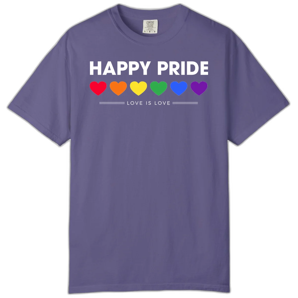 Love is love pride design with six colorful rainbow hearts and celebratory text on gray background in Grape