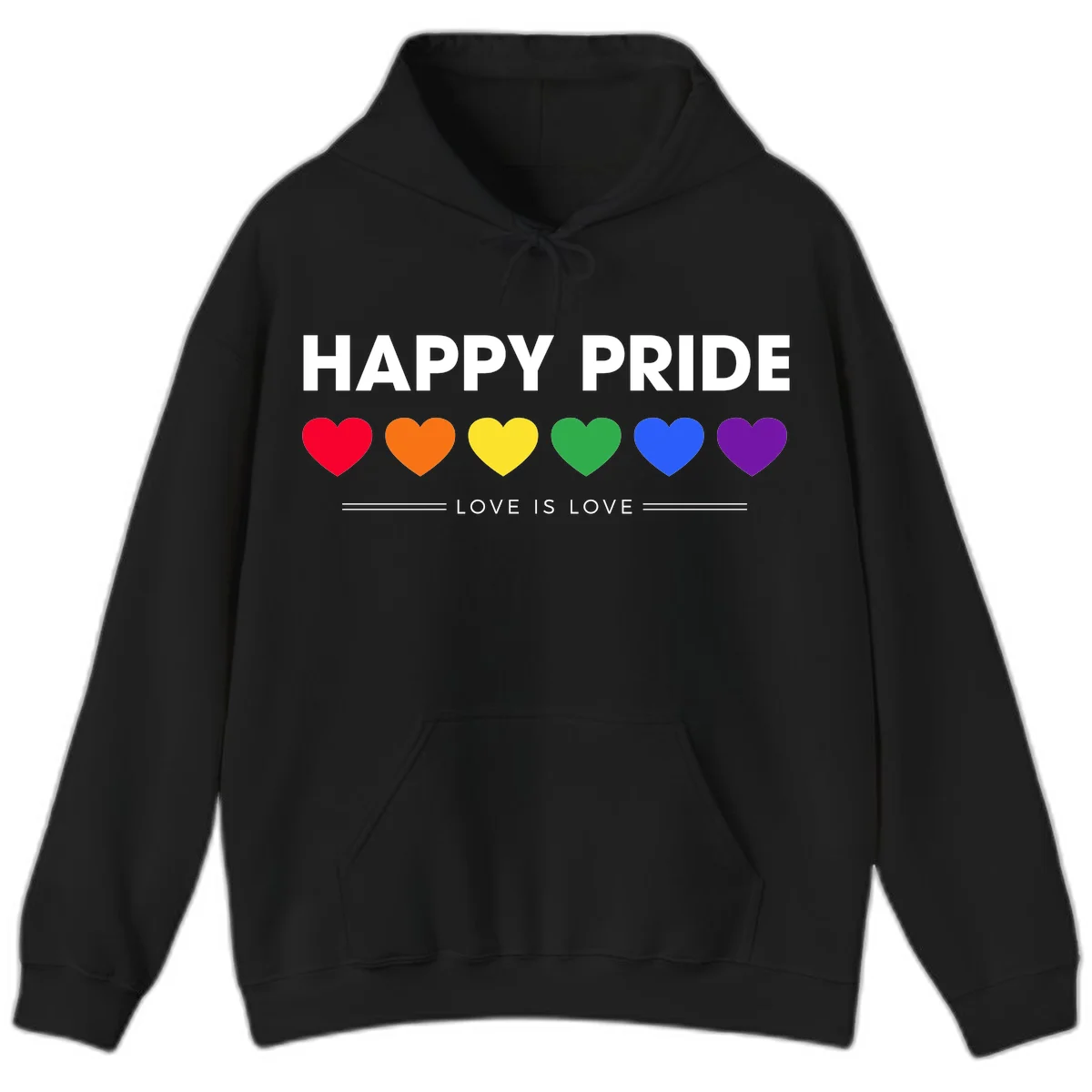 Love is love pride design with six colorful rainbow hearts and celebratory text on gray background in Black