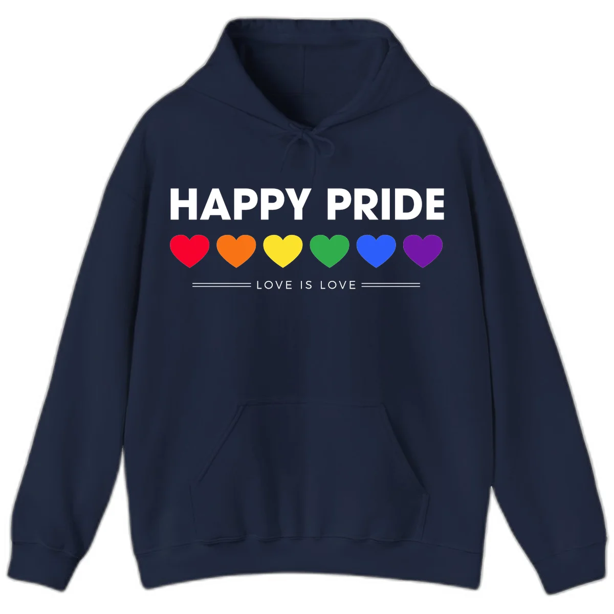 Love is love pride design with six colorful rainbow hearts and celebratory text on gray background in Navy