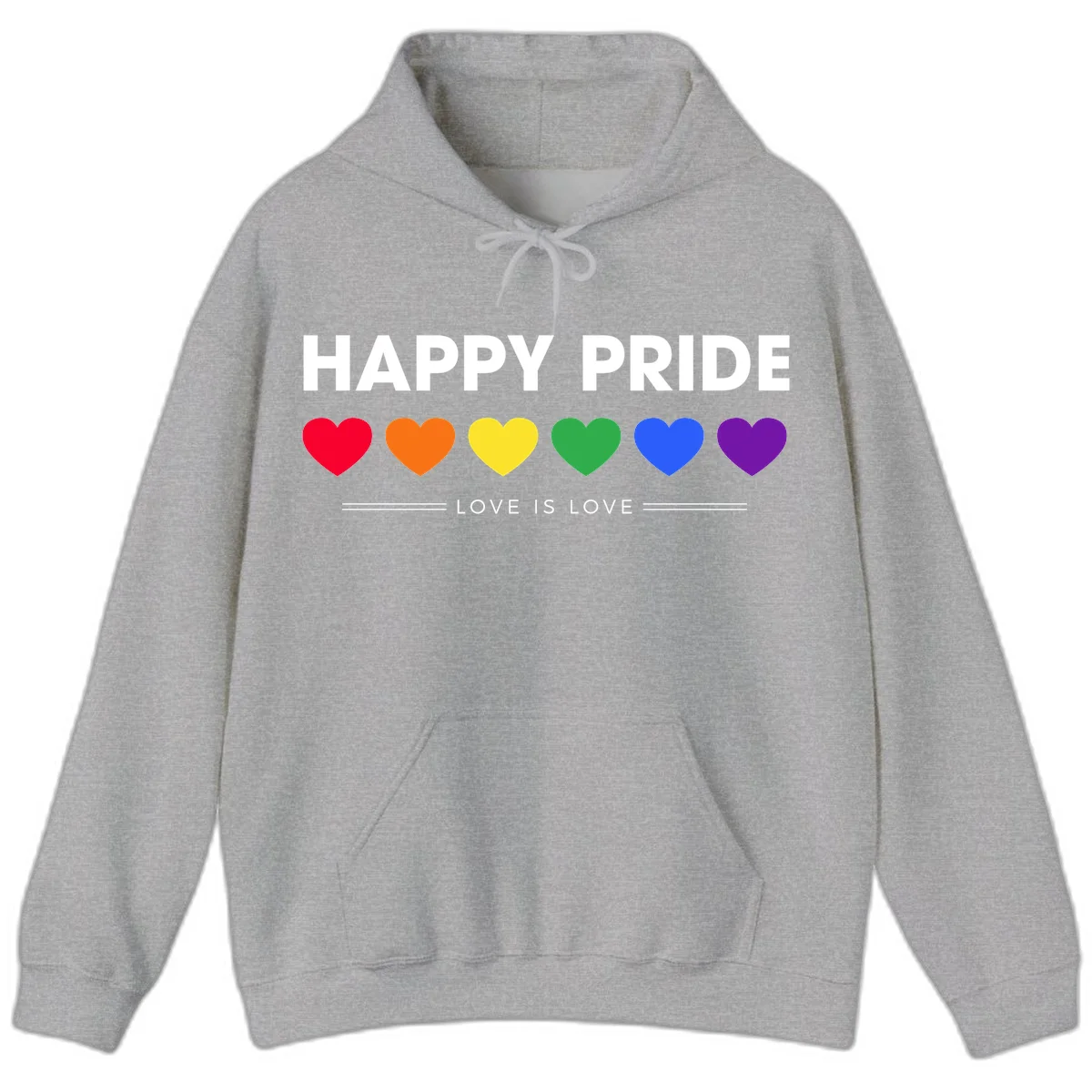Love is love pride design with six colorful rainbow hearts and celebratory text on gray background in Sport Grey