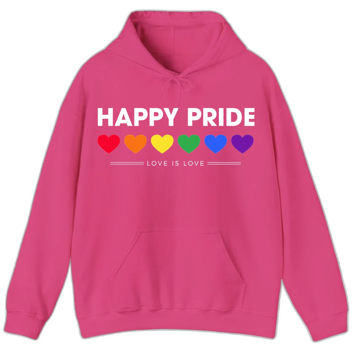 Love is love pride design with six colorful rainbow hearts and celebratory text on gray background in Heliconia