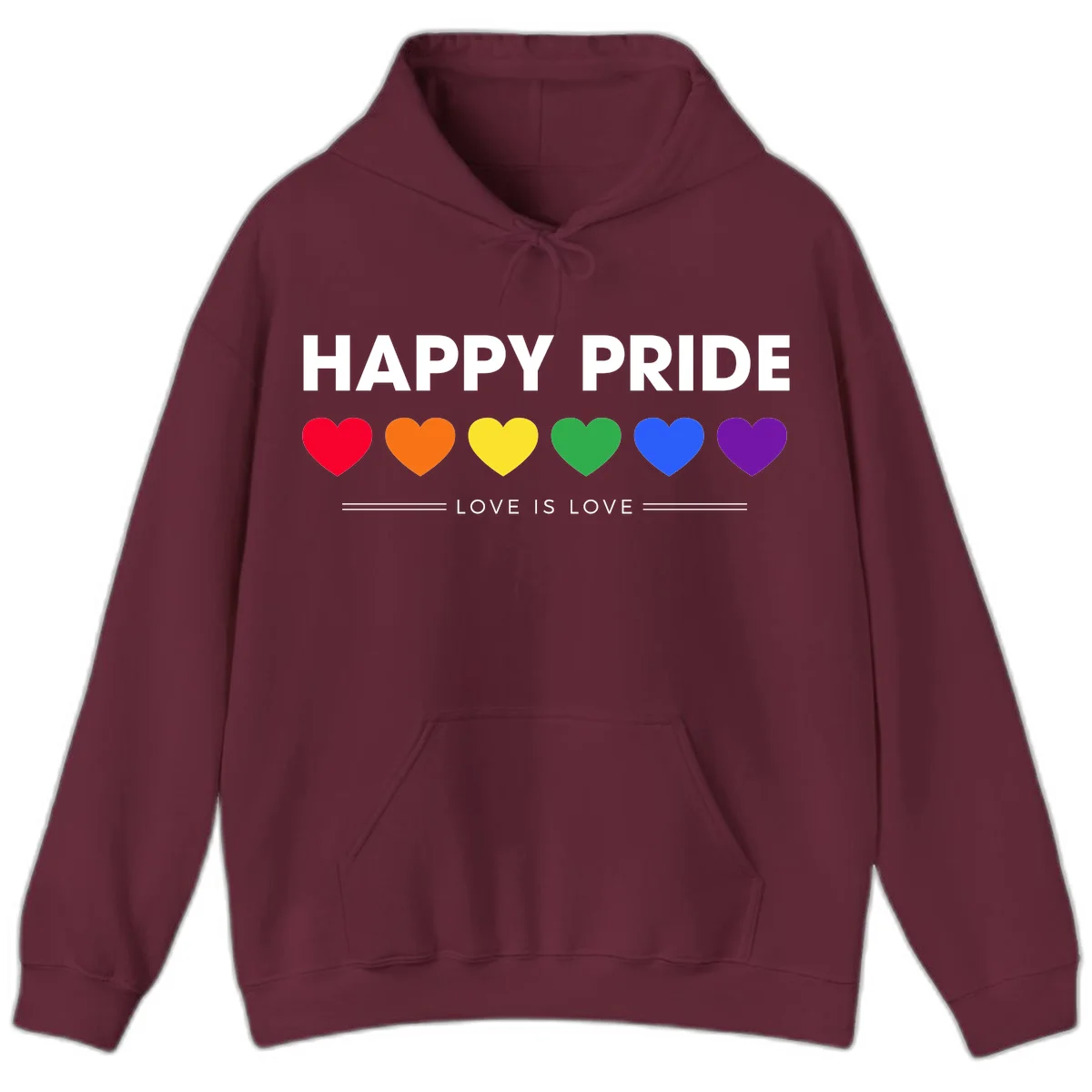 Love is love pride design with six colorful rainbow hearts and celebratory text on gray background in Maroon