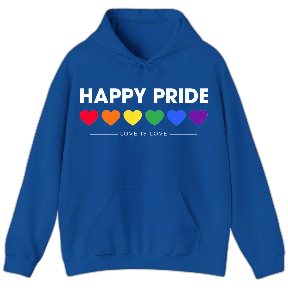 Love is love pride design with six colorful rainbow hearts and celebratory text on gray background in Royal